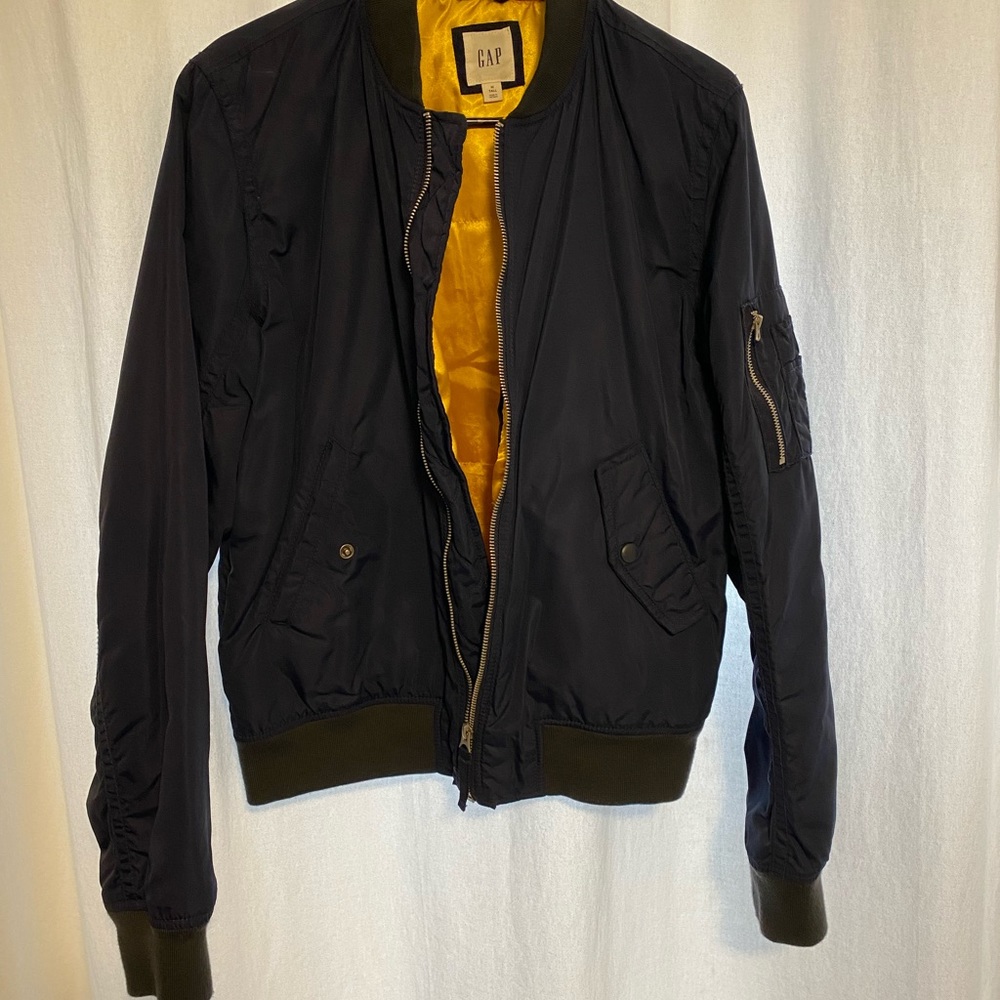 Gap, Tall M, bomber jacket, navy blue with gold interior